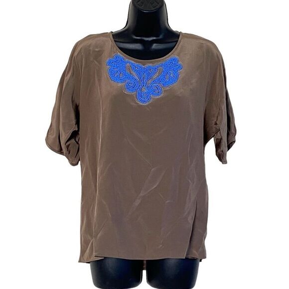 Tibi Taupe Periwinkle Blue Silk Beaded 3/4 Sleeve Blouse Top Sz 2 - Picture 2 of 15